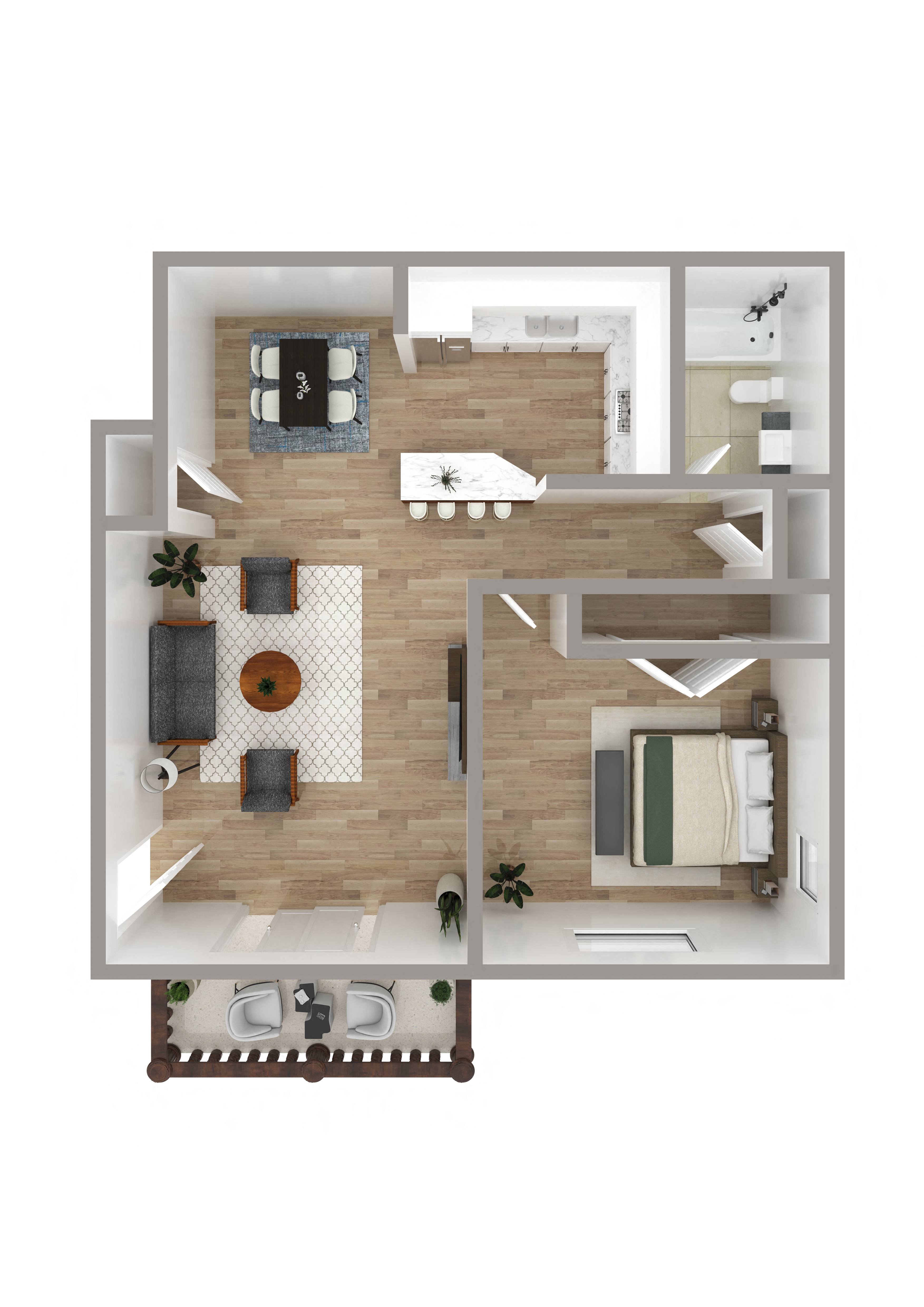 Floor plan for 1 bed, 1 bath, 657 sqft